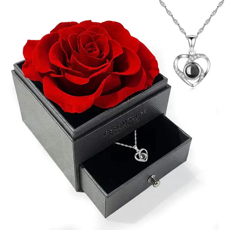 Eternal Flower Acrylic Jewelry Box with Real Rose Necklace 2Hearts