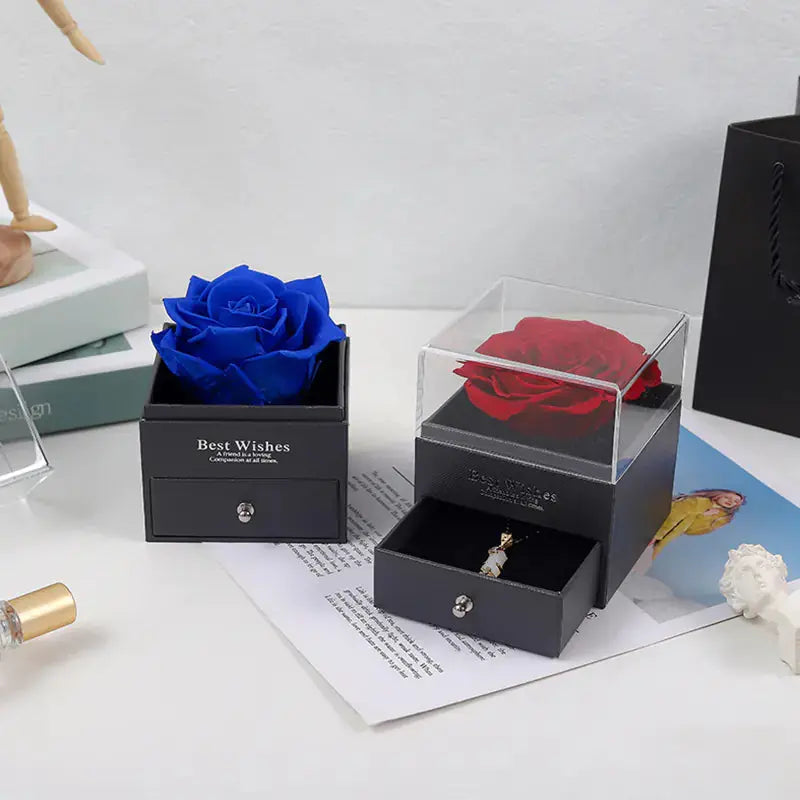 Eternal Flower Acrylic Jewelry Box with Real Rose Necklace 2Hearts
