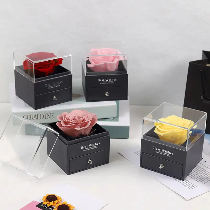 Eternal Flower Acrylic Jewelry Box with Real Rose Necklace 2Hearts